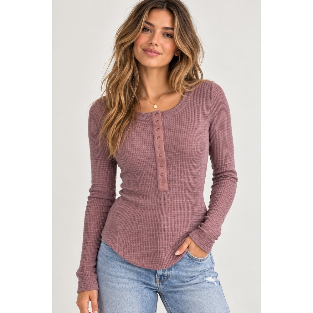 Free People One of the Girls Henley Top Mauve Swoon Waffle Knit Size Small